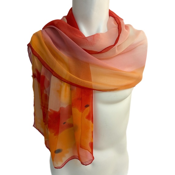 Vintage Sheer Floral Silk Scarf – Orange & Yellow Flowers - Picture 1 of 10